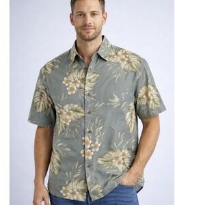 Caribbean Mens Silk Cotton Tropical Floral Print Shirt Sage Green L